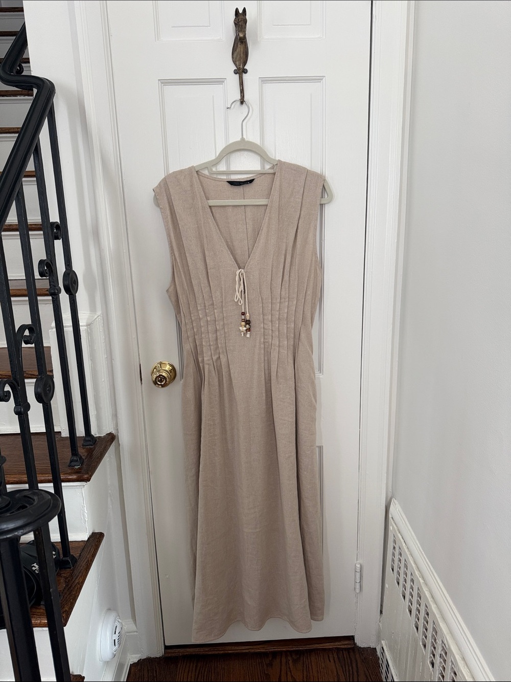 Sleeveless V-Neck Midi Dress in Beige